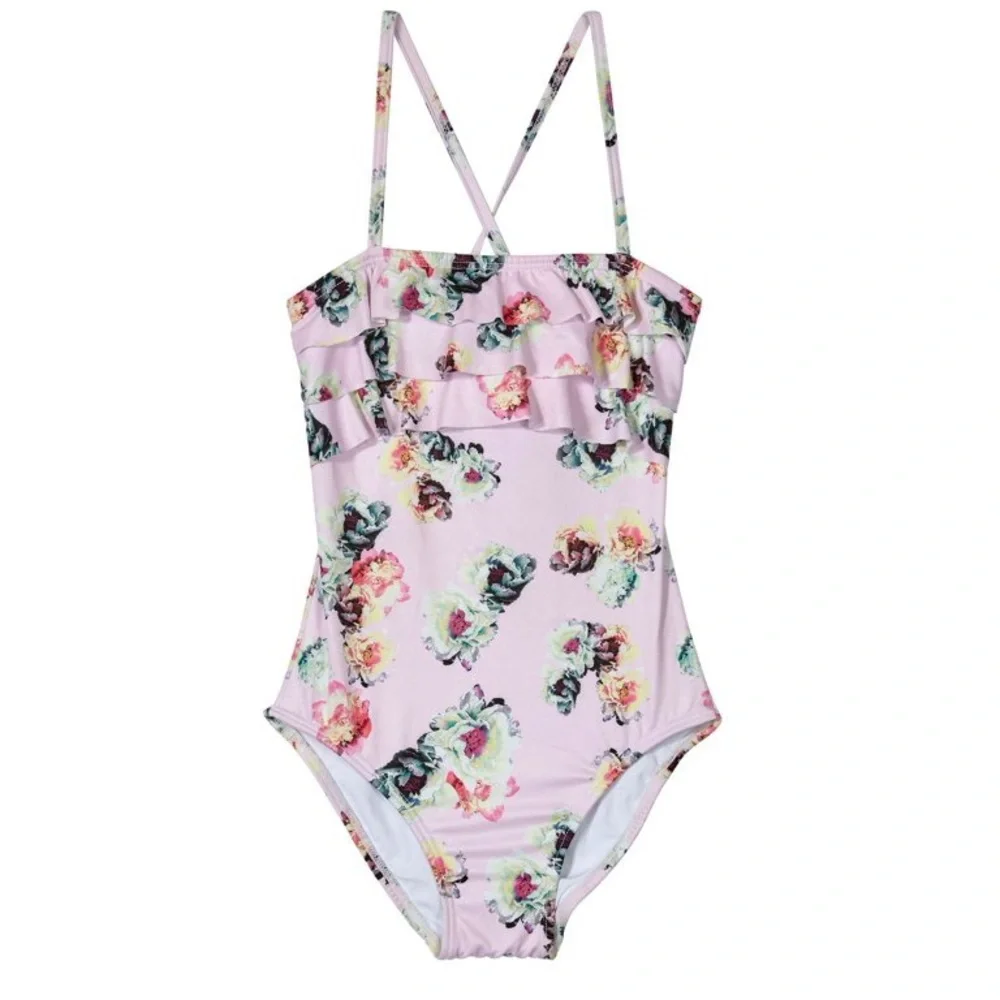 PilyQ Girl's Rose Fleur Ruffle One Piece Swimsuit NWT